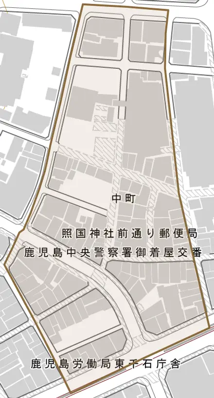 中町とその周辺の地図。町の範囲を重ねている