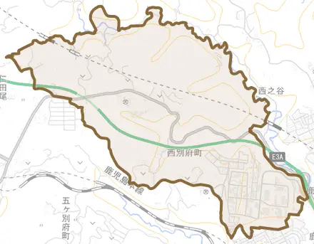 西別府町とその周辺の地図。町の範囲を重ねている