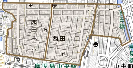 西田とその周辺の地図。町の範囲を重ねている