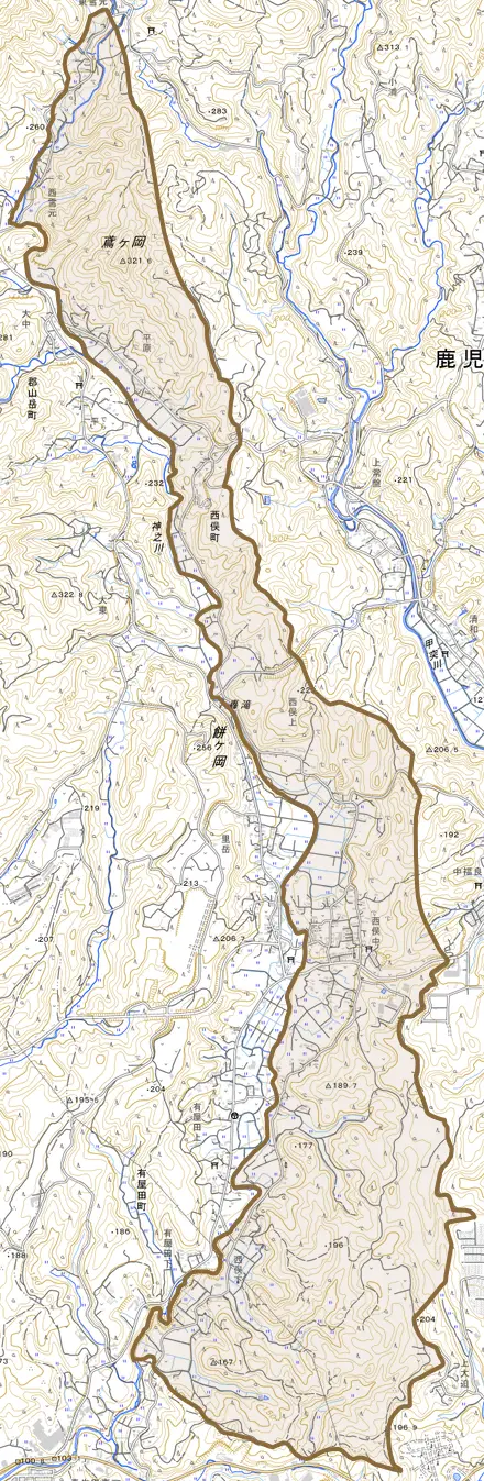 西俣町とその周辺の地図。町の範囲を重ねている