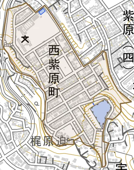 西紫原町とその周辺の地図。町の範囲を重ねている