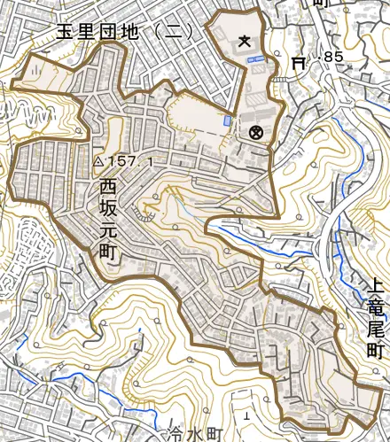 西坂元町とその周辺の地図。町の範囲を重ねている