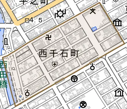 西千石町とその周辺の地図。町の範囲を重ねている