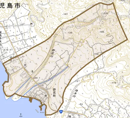 野尻町とその周辺の地図。町の範囲を重ねている