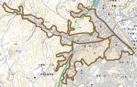 小野とその周辺の地図。町の範囲を重ねている
