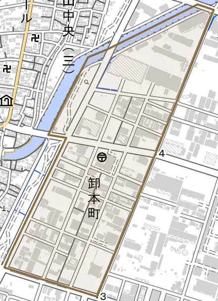 卸本町とその周辺の地図。町の範囲を重ねている