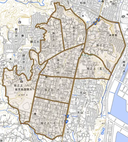 坂之上とその周辺の地図。町の範囲を重ねている