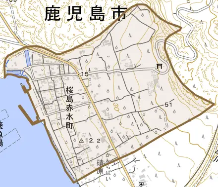 桜島赤水町とその周辺の地図。町の範囲を重ねている