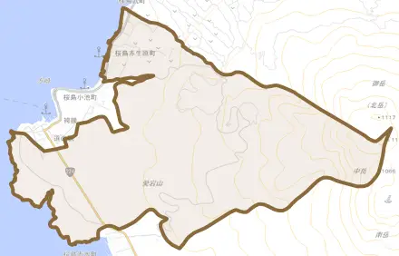 桜島赤生原町とその周辺の地図。町の範囲を重ねている