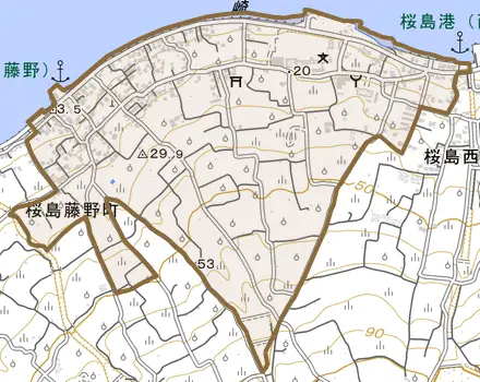 桜島藤野町とその周辺の地図。町の範囲を重ねている