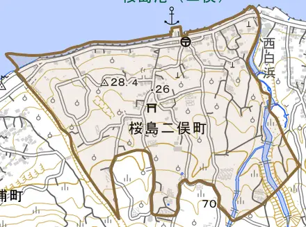 桜島二俣町とその周辺の地図。町の範囲を重ねている