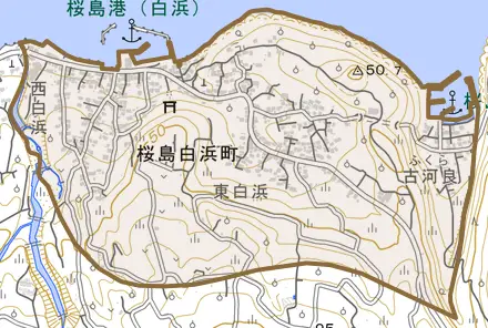 桜島白浜町とその周辺の地図。町の範囲を重ねている