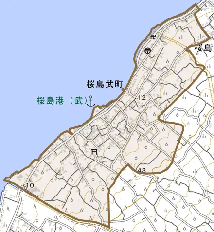桜島武町とその周辺の地図。町の範囲を重ねている