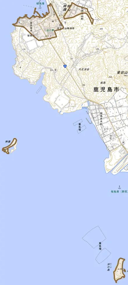 桜島横山町とその周辺の地図。町の範囲を重ねている