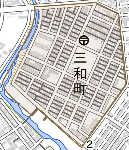 三和町とその周辺の地図。町の範囲を重ねている