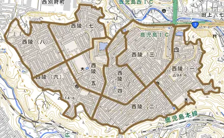 西陵とその周辺の地図。町の範囲を重ねている