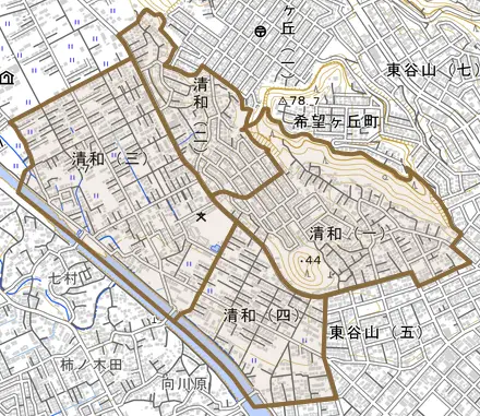 清和とその周辺の地図。町の範囲を重ねている