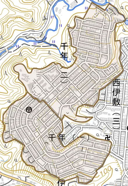 千年とその周辺の地図。町の範囲を重ねている