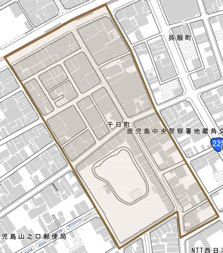 千日町とその周辺の地図。町の範囲を重ねている