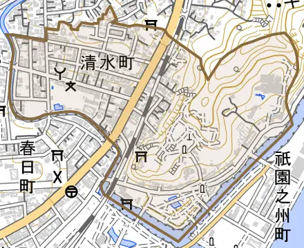 清水町とその周辺の地図。町の範囲を重ねている