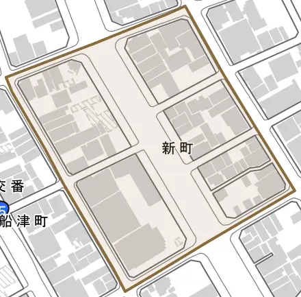 新町とその周辺の地図。町の範囲を重ねている