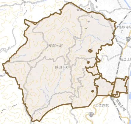 下福元町とその周辺の地図。町の範囲を重ねている