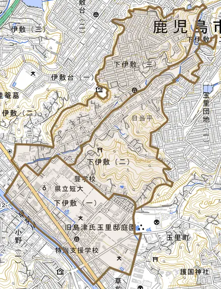 下伊敷とその周辺の地図。町の範囲を重ねている