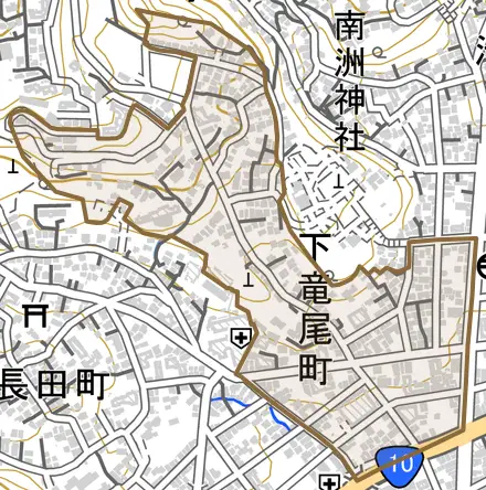 下竜尾町とその周辺の地図。町の範囲を重ねている