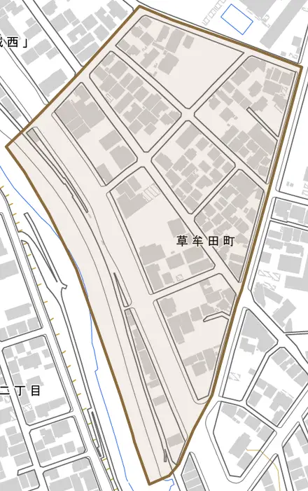 草牟田町とその周辺の地図。町の範囲を重ねている