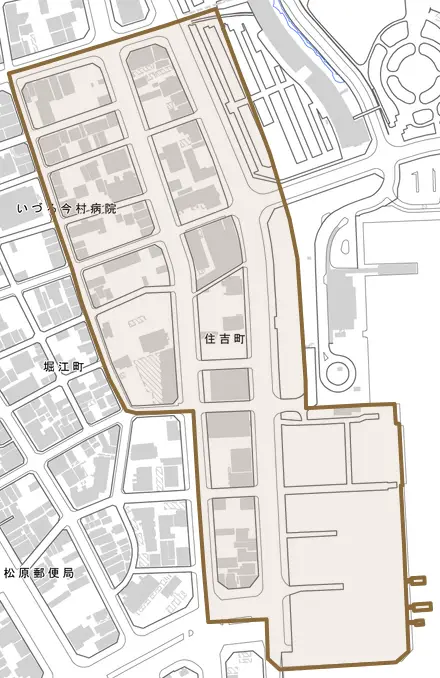 住吉町とその周辺の地図。町の範囲を重ねている