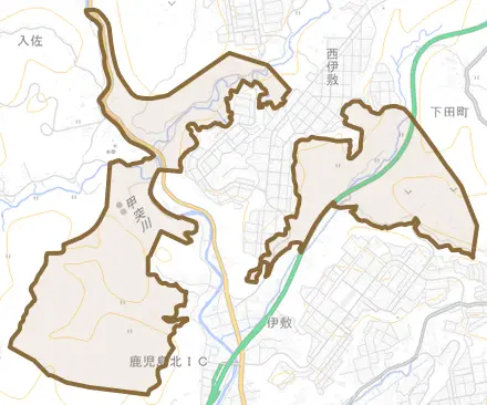 伊敷町とその周辺の地図。町の範囲を重ねている