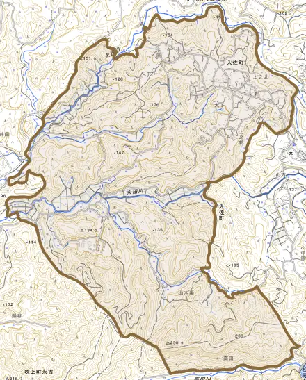 入佐町とその周辺の地図。町の範囲を重ねている