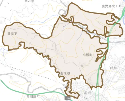 小野町とその周辺の地図。町の範囲を重ねている