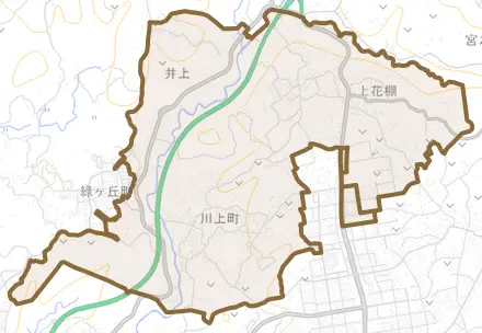 川上町とその周辺の地図。町の範囲を重ねている