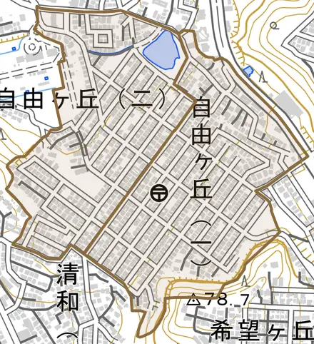 自由ヶ丘とその周辺の地図。町の範囲を重ねている