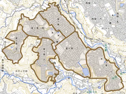 星ヶ峯とその周辺の地図。町の範囲を重ねている