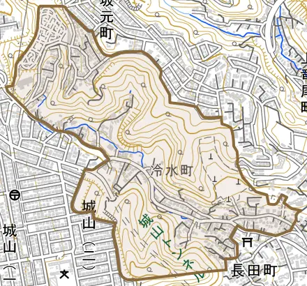 冷水町とその周辺の地図。町の範囲を重ねている