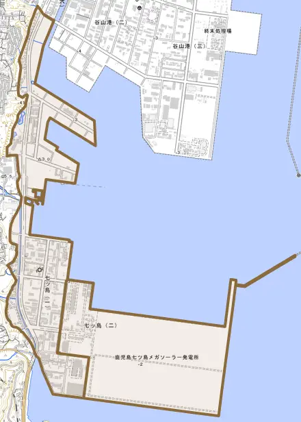 七ッ島とその周辺の地図。町の範囲を重ねている