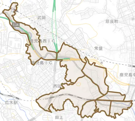田上とその周辺の地図。町の範囲を重ねている