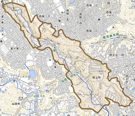 田上町とその周辺の地図。町の範囲を重ねている