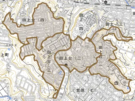 田上台とその周辺の地図。町の範囲を重ねている