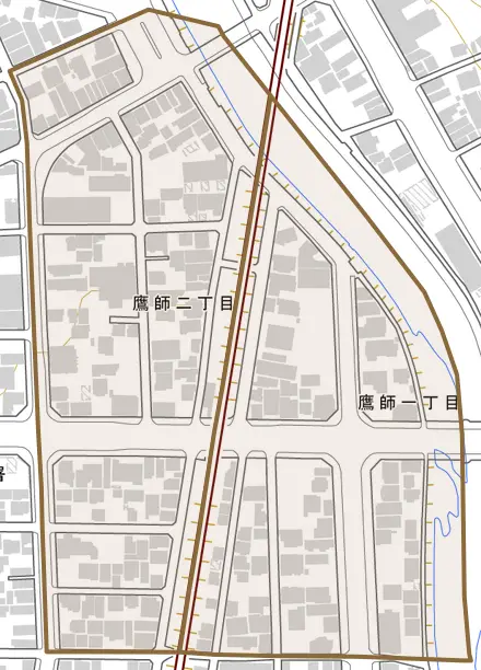 鷹師とその周辺の地図。町の範囲を重ねている