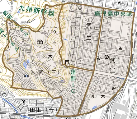 武とその周辺の地図。町の範囲を重ねている
