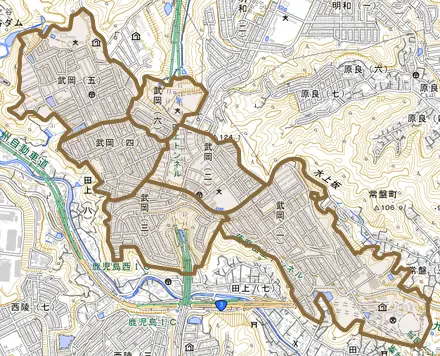 武岡とその周辺の地図。町の範囲を重ねている