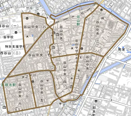谷山中央とその周辺の地図。町の範囲を重ねている
