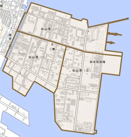 谷山港とその周辺の地図。町の範囲を重ねている