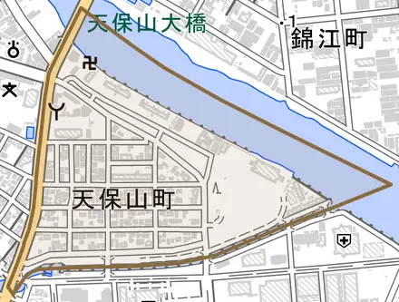 天保山町とその周辺の地図。町の範囲を重ねている