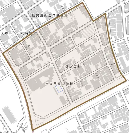 樋之口町とその周辺の地図。町の範囲を重ねている