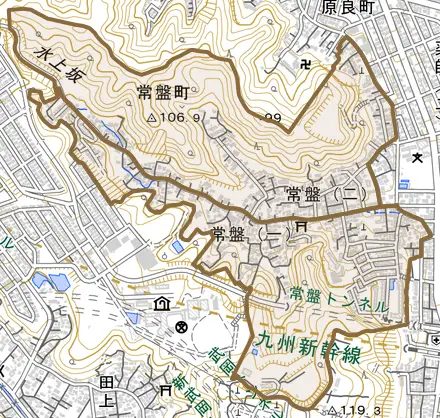 常盤とその周辺の地図。町の範囲を重ねている
