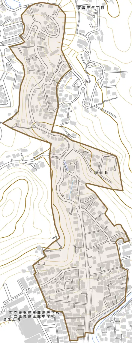 皷川町とその周辺の地図。町の範囲を重ねている